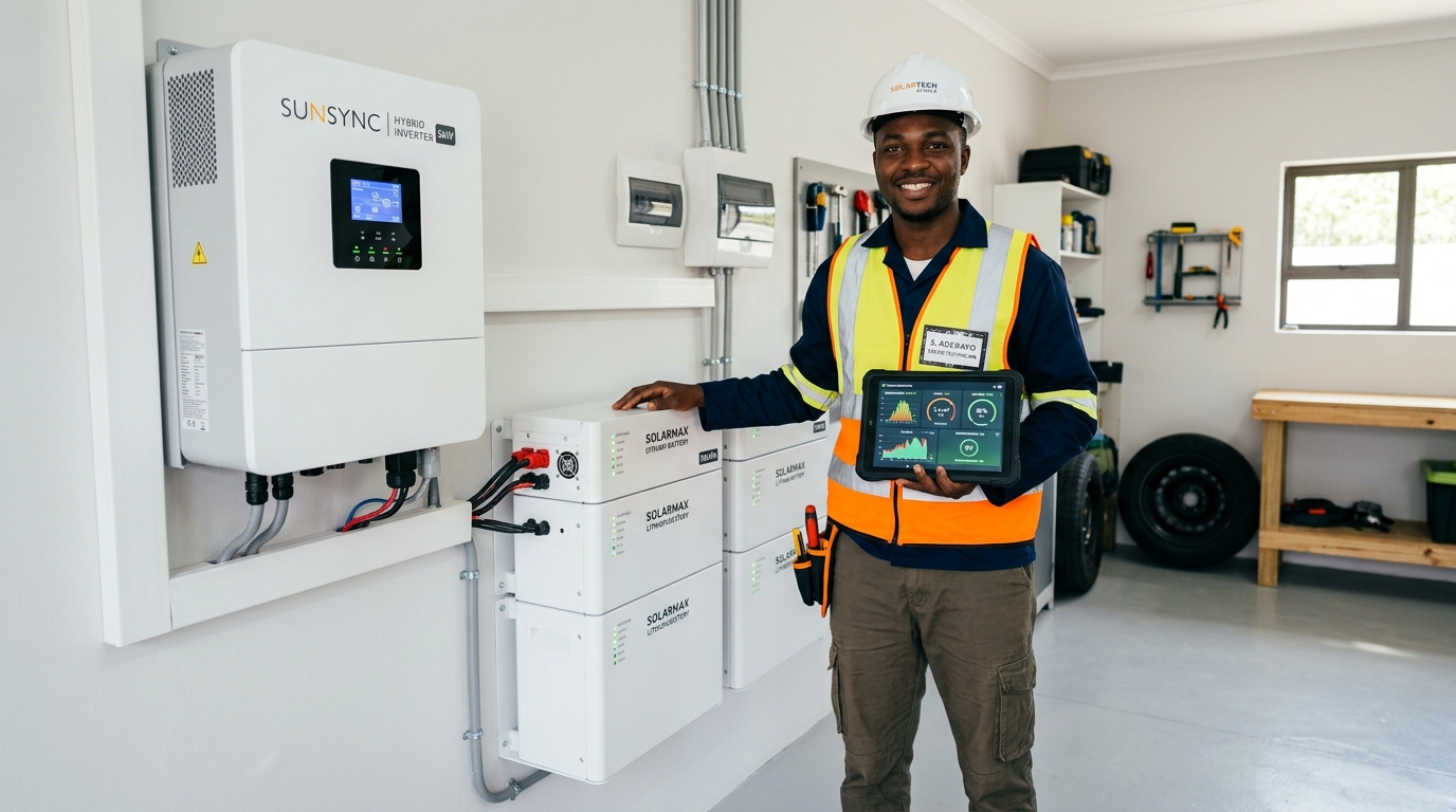 Solar Technician with Battery and Inverter Setup